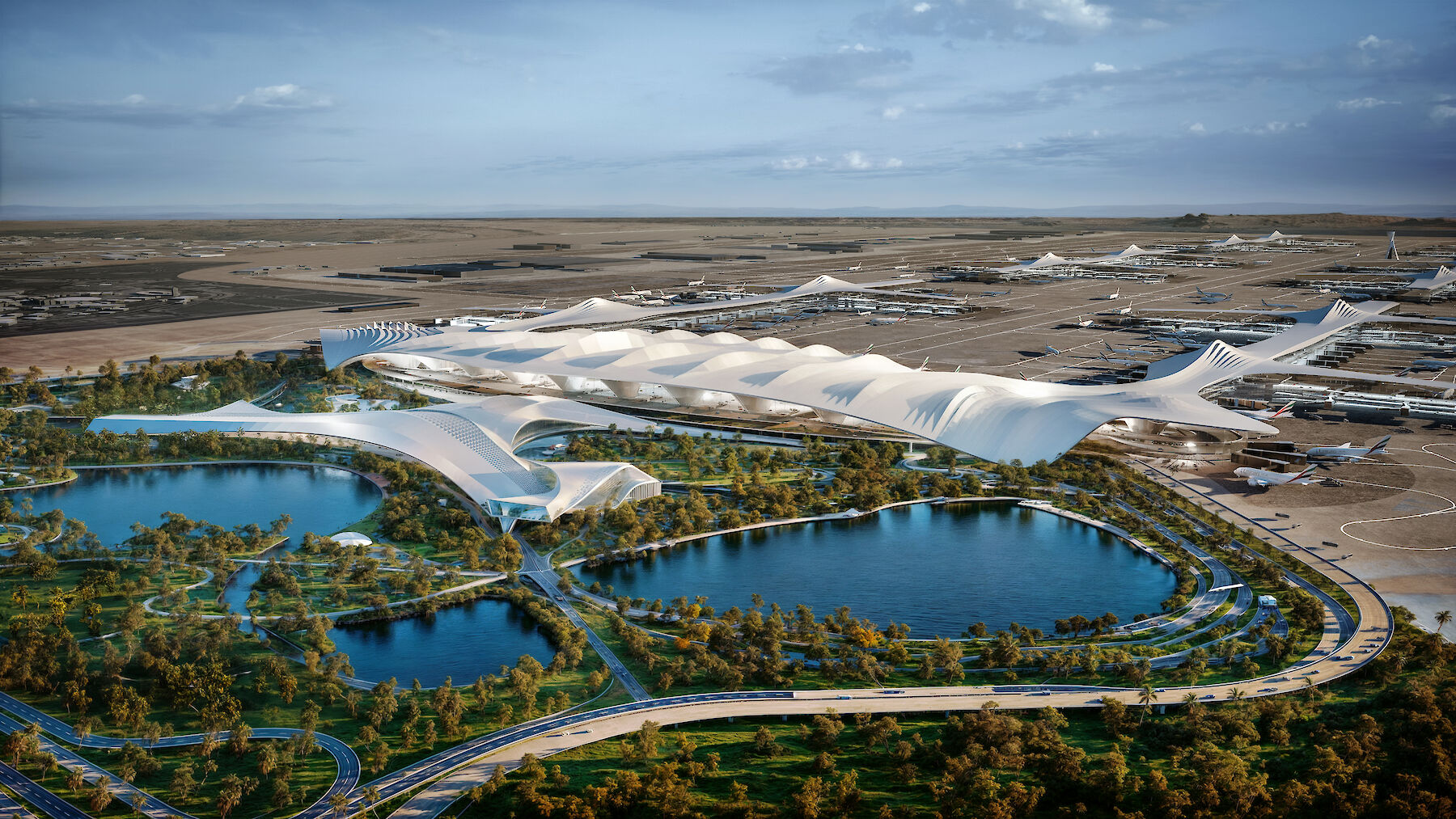 Exterior of the existing passenger terminal at Al Maktoum International Airport, Dubai World Central